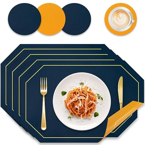Placemats and Coaster Sets 4, Dual Sided Leather Dining Table Mats Heat-Resistant Non-Slip and Washable, Waterproof Wipeable Place Mat 30x43 cm, Easy to Clean for Home Kitchen Restaurant (Blue&Yellow)