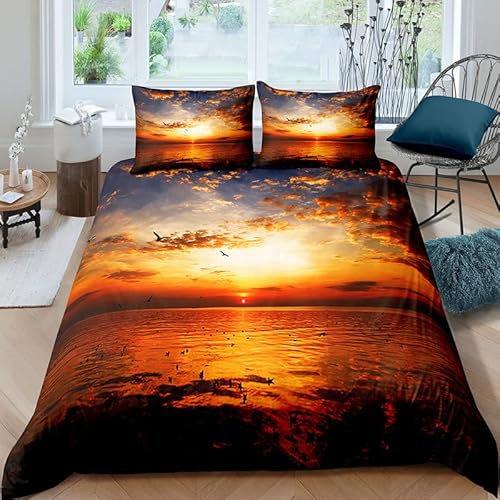 YELDAN Sonnenuntergang am Meer Bettwäsche Set 135x200 cm, Landschaft Muster Design, Bettbezug und Kissenbezug 2 teilig, Weiche Allergiker Microfaser Bettwäsche-Sets