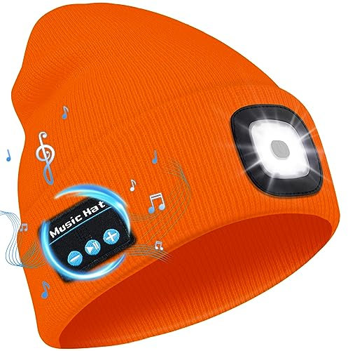 Deilin Gorro con Luz LED con Bluetooth, Gorro de Invierno con Bluetooth 5.0 USB Recargable Gorro Sombrero con Musica Bluetooth de Punto con Auriculares, Regalos Originales para Mujer Hombre, Naranja