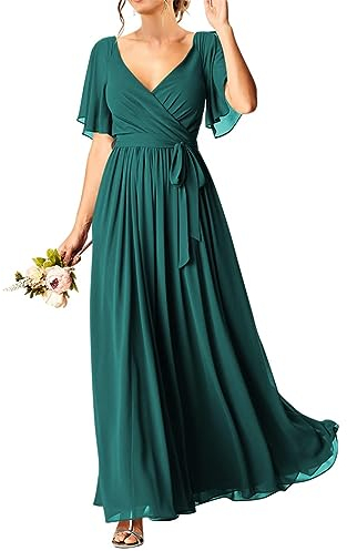 HPPEE Kurzärmeliges Hochzeits-Party-Kleid für Damen, Junioren, Chiffon, lang, Maxi-V-Ausschnitt, Abendkleider mit Taschen, pfau, 56 Plus