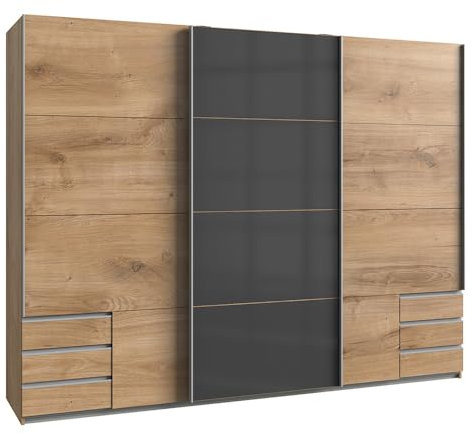Lomadox Kleiderschrank Schwebetürenschrank 270cm mit Schubkästen, Graphit und Eiche