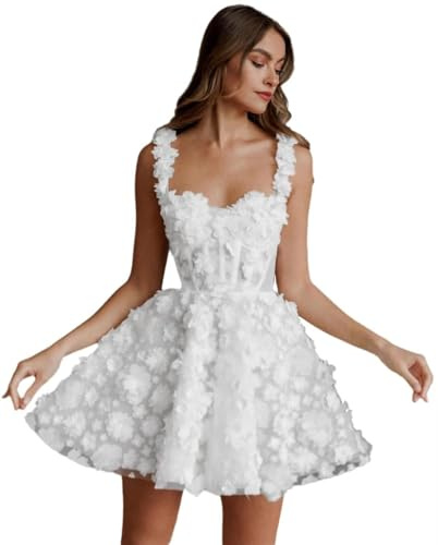 Beyonddress 3D Blumen Brautkleid für Braut Kurz Brautkleider für Frauen Spitze Appliques Hochzeitsfeier Ballkleider(Elfenbein 03,38)