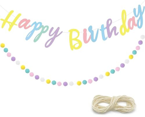 Lilbitty 2 Stück Happy Birthday Banner in Bonbonfarben mit bunten Fellbällen, perfekte Dekoration für Geburtstagsfeiern, 2m/3.5m Baumwollseil, 5-farbige Haarball Flagge