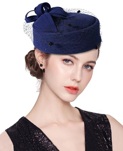 ELLYDOOR Fascinator aus Wolle, Winter, Wollfilz, Pillbox-Hut für Damen, Hochzeit, Kirchenhut, Schleier, Schleife, Fedoras, #01b Marineblau, Einheitsgröße