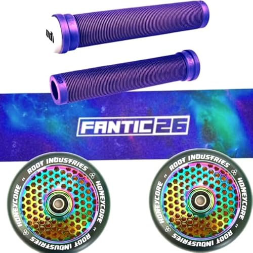 Fantic26 Stunt-Scooter Trick Roller Ersatzteile Bundle I ODI SLX Soft Griffe mit Barends Lila I Root Industrie Honeycore 110mm Rainbow I Griptape Galaxy Neochrome
