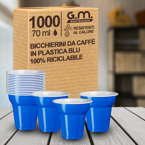 G.M. DISTRIBUZIONE 1000 Pezzi Bicchieri da Caffè in Plastica di Colore Blu da 70cc, Super Rigidi e Resistenti al Calore, Usa e Getta, Ideale per Casa, Ufficio, Asporto Bevande Calde.