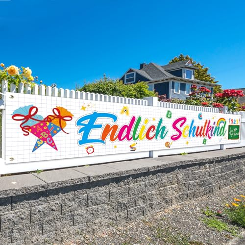 LOHAME Endlich Schulkind Banner 300 x 50cm Extra Große Einschulung Deko Schuleinführung Hintergrund Willkommen Schulanfang Partybanner Schulstart Girlande Hängende Dekoration für Kinder Mädchen Junge
