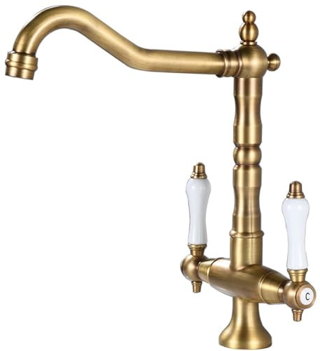 Robinet de cuisine en laiton antique, haut robinet de lavabo rétro, double poignée de salle de bain, mitigeur haute pression pour évier de cuisine, robinet d'évier pivotant à 360°