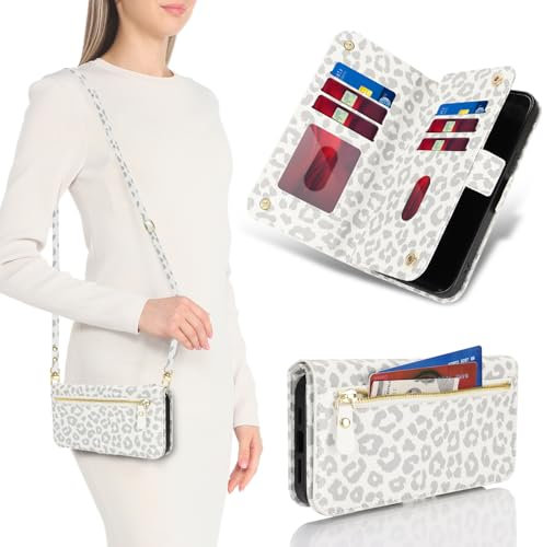 SailorTech for iPhone 11 Phone Case with Card Holder for Women, iPhone 11 Wallet Case Crossbody with Credit Card Slots Flip Case Zipper Shockproof Case for Men-White Leopard