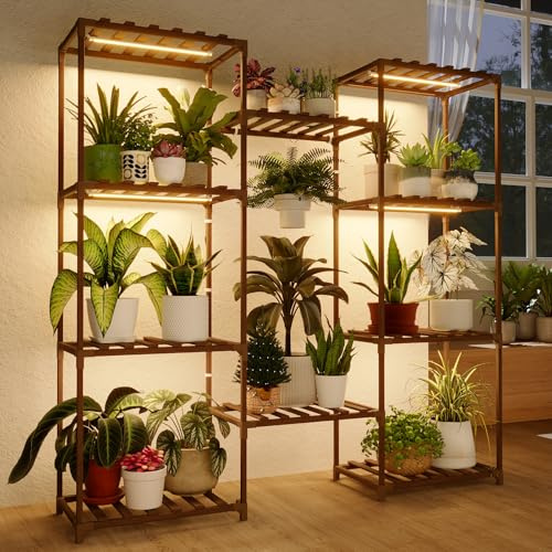 Bamworld Pflanzenständer mit Wachstumslichtern, großes Pflanzenregal für mehrere Töpfe, Pflanzenhalter für Wohnzimmer, Terrasse, Boho, Heimdekoration für Gartenarbeit, warmes Licht
