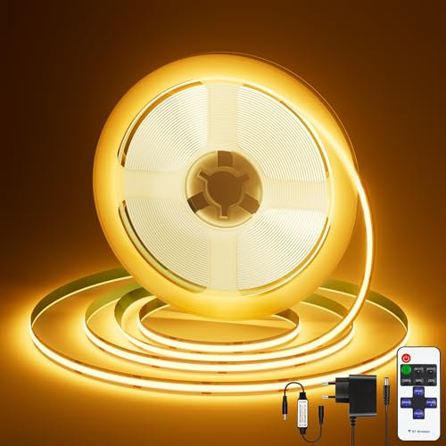 LED Strip COB LED Streifen 5m, LED Band 2700K Warmweiss Dimmbar mit Fernbedienung, LED Lichtleiste Selbstklebend 24V,36W LED Fernseher Beleuchtung Sehr Hell für Küche, Wohnzimmer, Treppe, Schlafzimmer