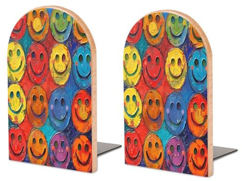 Grand serre-livres en bois pour étagères, motif smiley coloré, serre-livres en bois robuste avec base en métal antidérapante