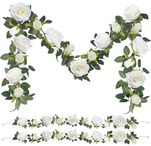 Foshird 2 Stück Künstliche Blumengirlande Deko Weiße Rosen Große 2m Kunstblumen Hängend für Girlande Hochzeit Blumenwand Room Decor Garten Party