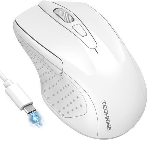 TechRise Bluetooth Mouse, Rechargeable Wireless Mouse (BT5.0/3.0 & 2.4G), 4800DPI Adjustable, 8-Button Silent Computer Mice, USB Ergonomic Wireless Mouse for Laptop PC Mac, White