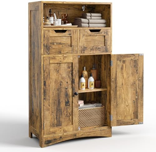 Bealife Armadio da bagno con 2 cassetti, ripiano regolabile, mobile portaoggetti multifunzione per bagno, camera da letto, corridoio (60 x 30 x 108 cm) (Retrò)