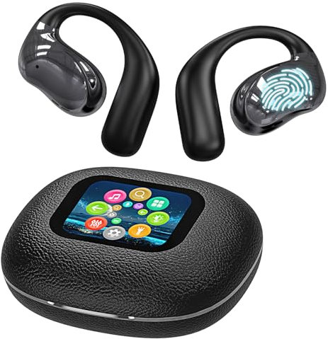 Open Ear Headphones Ultra Comfort Wireless Bluetooth 5.4 Headphones Over The Ear Earbuds with Intelligent Touch Screen Ear Hooks IPX7 Waterproof Bone Conduction Earbuds for Fitness Sports-Black