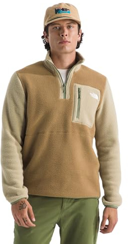 The North Face Men's Yumiori Quarter Zip Jacket - Lightweight Fleece Coat with Embroidered Logo, Secure Zip Chest Pocket, Utility Brown/Khaki Stone/Bark Mist, Medium