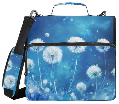 Weißer Pusteblumen-Organizer mit Schultergurt, mehrere Taschen, 3,8 cm, 3 Ringe, Federmäppchen, Portfolio, Ordner, Büro, Akten, Organizer
