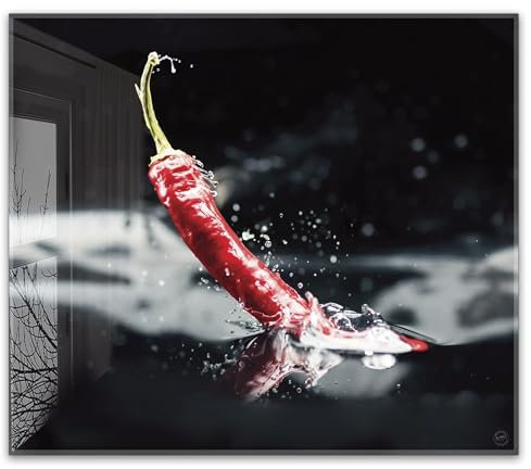 Herdabdeckplatte 60x52 cm einteilig – Chili Splash, rote Peperoni, Chillischote, Gewürze, exotische Küche, Food Art | ESG Glas Ceranfeldabdeckung, Schneidebrett, Abdeckplatte, Herd, Induktion