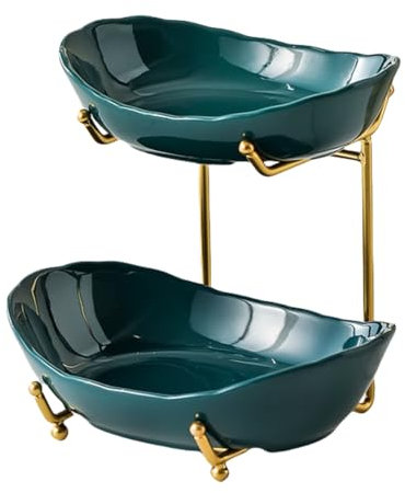 MEESOGA Obst Etagere Keramik Obstschale mit 2 Etagen - Porzellan Obstteller 2 Ebenen Obstkorb Etagere Obstschale mit Metall Stand für Küche Obst Gemüse Snacks Süßigkeiten Aufbewahrung