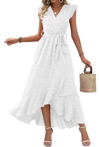 SCBFDI Robe Cocktail Femme Sexy Cintrée Ete Courte Devant Longue Derriere Manches Volantes Bureau Estivale Chic Plage Robe, Robe Année 80 Blanc S