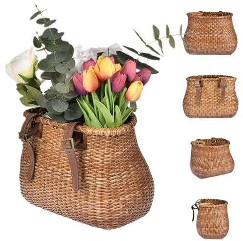 Wicker Bike Basket Front with Adjustable Straps Wicker Bike Basket with Cup Holder Detachable Front Retro Baskets for Kids, Adult Bikes