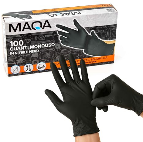 MAQA Guanti Nitrile Neri Monouso 100 Pezzi | Senza Lattice e Polvere | Taglia M | Uso Professionale, Medico, Alimentare, Pulizie, Tattoo (L)