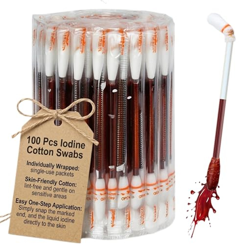 FOMIYES 100 Pieces Disposable Iodine Cotton Swabs, Individually Wrapped Iodine Swabs, Disinfection Cotton Sticks Buds for Scrapes,Cuts, First Aid, Travel & Emergency Use