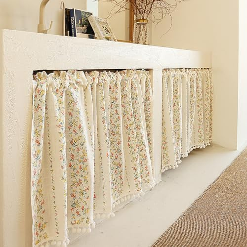 A.Monamour Rideau de Cuisine Court pour Petit Fenêtre Rural Semi-Transparente Coton Lin Floral avec Pompons Brise-bise Demi Rideaux à Disques à étages Cantonnières Passe-Tringle Bistro