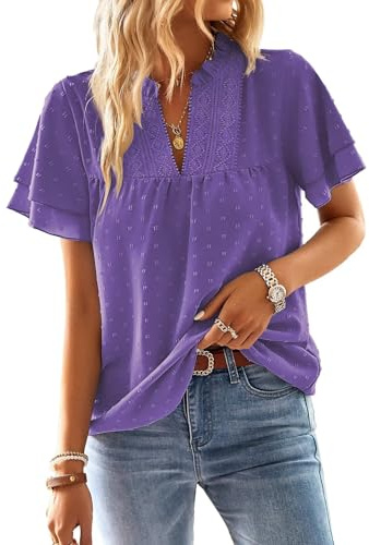 TUUHAW T Shirt Donna Elegante Manica Corta Magliette con Scollo a V Estiva | Boho Camicia, Casual Volant Abbigliamento, Pizzo Top, Casual Camicia, Traspirante Classica Lavoro, Vintage Affari Tunica Moda