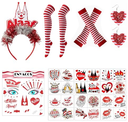 ENYACOS Köln Karneval Set Damen: Haarreif Alaaf + Herz Ohrringe + Stulpen & Strümpfe + Gesichtstattoos & Glitzersteine – Rot Weiß Kostüm Accessoires für Fasching & Straßenkarneval (Rut un Wiess)