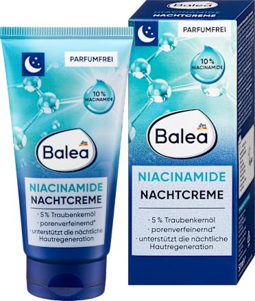 Balea Niacinamide Nachtcreme – 10% Niacinamid – Parfumfrei – Mit 5% Traubenkernöl – Unterstützt die nächtliche Hautregeneration