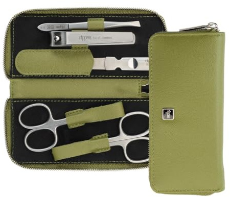 nippes Solingen Maniküre Set Verde, 5-tlg., veganes Eukalyptus-Leder-Etui | rostfrei, nickelfrei, ideal für Reise und Urlaub, Hautschere, Nagelschere, Saphirfeile, Pinzette, Profi-Nagelknipser
