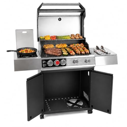 Amig - Barbecue a gas XXL Fireplus GRILL-2 5F - 139 x 55 x 115 cm - Superficie di cottura 70 x 41,5 cm - Con termometro, ripiano laterale, armadietto e ruote con freno - Griglia in ghisa - Nero
