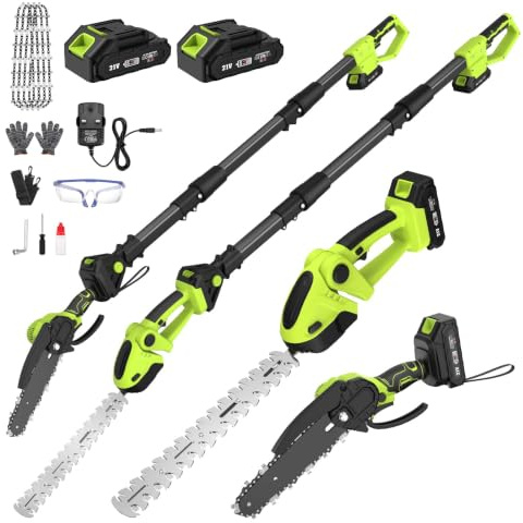 Cordless Pole Hedge Trimmer & Chainsaw Set, 2 * 4.0Ah Battery Rechargeable 7.05Ft Extension Pole 550W Pure Copper Motor 0-135° Adjust Angle Long Reach Trimmer Pruning Branch for Fence, Grass Trimmer