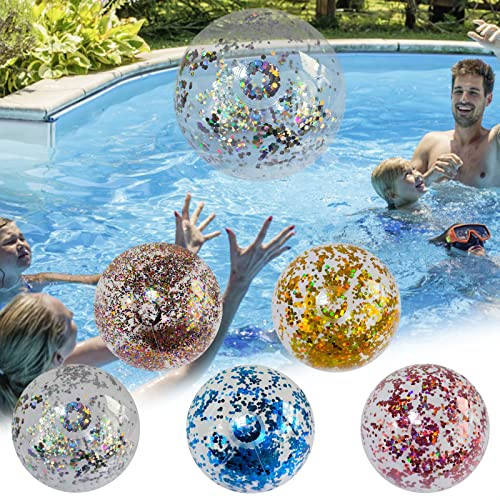 5 Stück Wasserball Aufblasbar mit Glitzer, Ø 28cm Transparenter Strandball mit Pailletten, Wasserbälle, Pool Spielzeug für Kinder und Erwachsene, Aufblasbarer Beachball für Schwimmbad & Strand