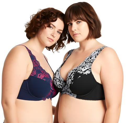 Curve Muse Vadderad Minimizer Bygel-bh med Spetsbrodyr 2er-Pack | Tryckt, Nylon, Elastan