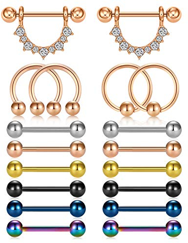 Incaton 1.6mm Nippelpiercing 14G Brustwarzenpiercing 9 Paar Nipple Piercing Chirurgenstahl Nippelschmuck für Frauen Silber Rosegold Schwarz