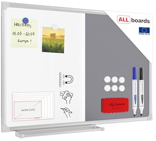 ALLboards Kombitafel 2 in 1 Magnettafel & Grau Filz-Pinnwand mit Aluminiumrahmen 60x40cm, Textiltafel Whiteboard