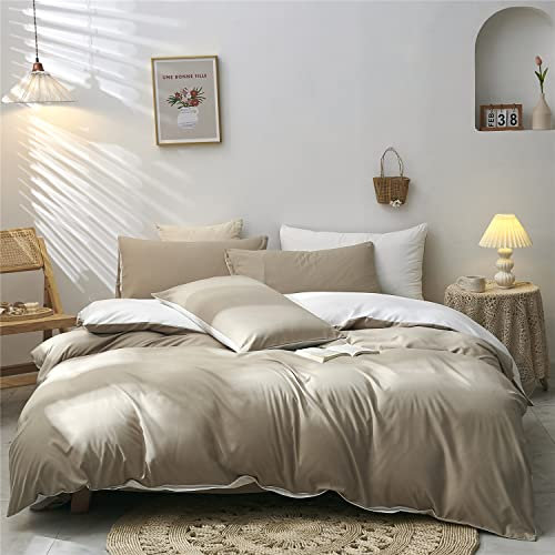 Boqingzhu Bettwäsche 200x220cm Braun Beige Weiß Einfarbig Wendebettwäsche Set Microfaser Bettbezug und 2 Kissenbezüge 80x80cm mit Reißverschluss
