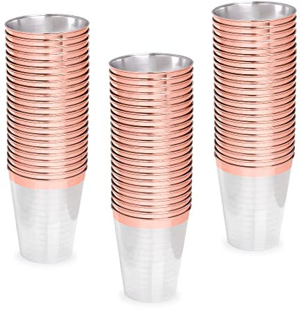 STACKABLES ~ Vaso de plástico duro de 10 onzas ~ Paquete de 50 vasos transparentes con borde de oro rosa