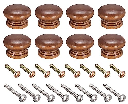 sourcing map Round Wood Knobs for Drawer,33x23mm Coffee 8pcs | Pull Handles with Screws