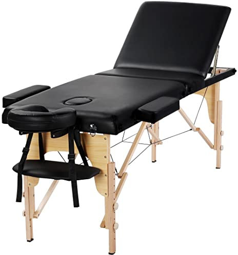 Abician Table de Massage Pliante Réglable en 8 Hauteurs Table de Massage Portable 3 Sections Pieds en Bois Massif Dossier Têtière Repose-Bras Hamac 213 x 82 x 85,5 cm Noir