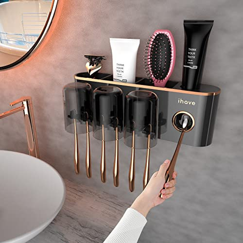 iHave Zahnbürstenhalter mit Zahnpastaspender – Badezimmer Organizer mit 3 Zahnputzbecher, Wandmontage Toothbrush Holder, Badezimmer Zubehör,Schwarzes Gold