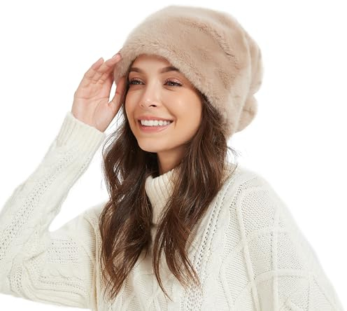 Frauen Faux Nerz Pelz Hut Santa Hut Slouchy Beanie Chunky Baggy Hat Winter Pelz Hut Warme Skimütze, Kamel Nerz, Medium