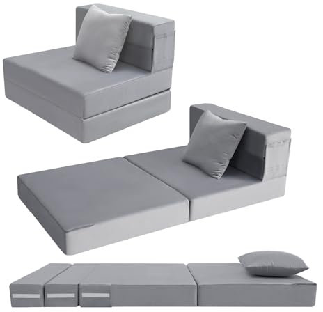 MeMoreCool Faltbarer Futonstuhl, Bettschläfer für Erwachsene, Doppel-Klappmatratze, 15,2 cm, umwandelbarer Schaumstoffboden, Sofa, Schlaf, dreifach gefaltete Matratze mit Kissen (grau)
