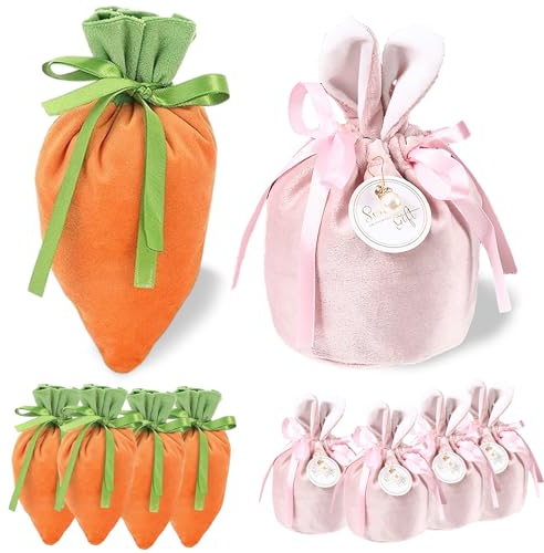 10 Stück Ostern Geschenktüten Set für Bonbons, Kekse, Snacks,Kaninchen Karottenbeutel für Kinder Süßigkeiten Geschenken Partyzubehör,Samt Säckchen für Geschenkverpackung Ostern Deko