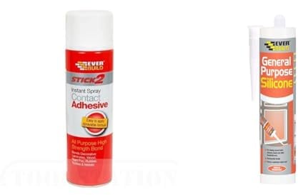 Everbuild Stick 2 All Purpose High Bond Strength Contact Spray Adhesive, 500 ml & General Purpose Silicone Sealant – Waterproof – Suitable for Interior and Exterior Use – White – 280ml