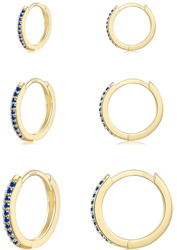 WOVEE 3 Paar Creolen Gold Blau, Ohrringe Silber 925 Set (8mm/10mm/12mm) Hypoallergen Huggies Vergoldet Ohrringe Gold Klein mit Dunkelblau Zirkonia für Damen Herren Mädchen