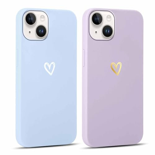 Foonary 2 Pièces Coque pour iPhone 15 6,1 avec Coeur d'amour Motif Aesthetic Design Étui, Housse de Protection Souple Silicone TPU Antichoc Bumper Case Cover pour iPhone 15,Bleu